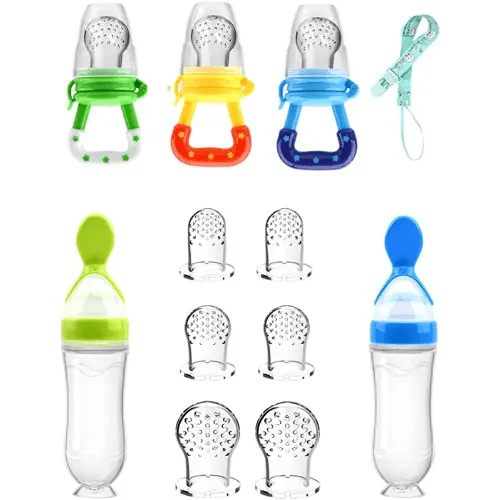 Food Feeder Baby Fruit Feeder Pacifier (3 Pcs) with 6 Different Sized  Silicone Pacifiers 2 PCS Silicone Baby Food Dispensing Spoon 90ML with 2  Baby