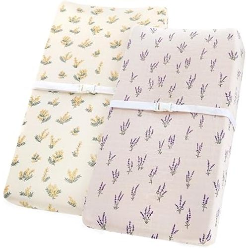 LifeTree Changing Pad Cover for Baby Girls and Boys - Breathable, Soft Muslin Fitted Diaper Changing Table Sheets Unisex - 16"x32" Organic Cotton - 2 Pack Acacia and Lavender