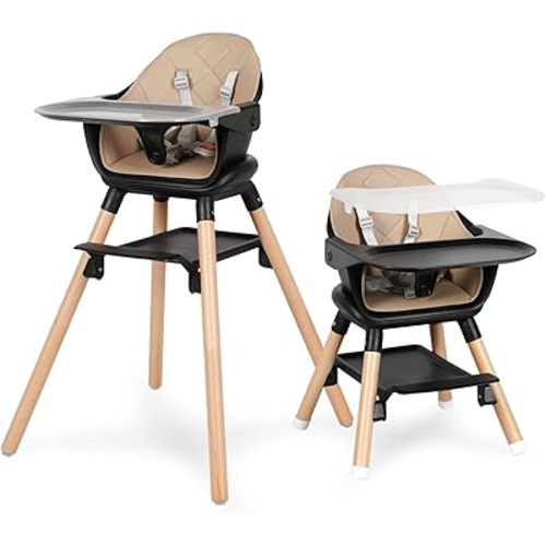 6 in 1 Baby High Chair, Convertible Wooden High Chairs/Booster Seat for Babies and Toddlers, Baby Feeding Chair with 5-Point Harness/Double Removable Tray & Adjustable Footrest (Black)