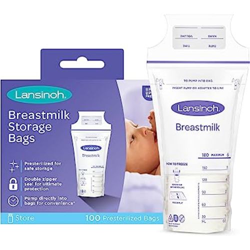 Lansinoh Breastmilk Storage Bags, 100 Count, 6 Ounce, Easy to Use Milk Storage Bags for Breastfeeding, Presterilized, Hygienically Doubled-Sealed, for Refrigeration and Freezing