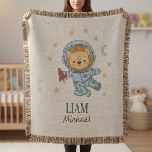Personalized Space Lion Woven Blanket, Custom Name Baby Blanket, Astronaut Nursery Decor, Space Theme Gift for Baby Boy
