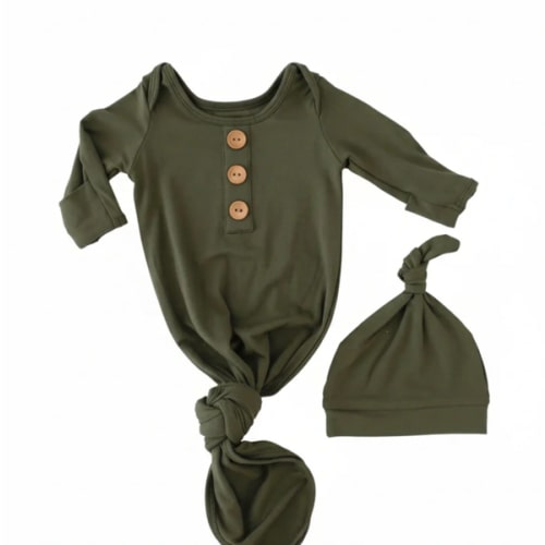 Solid Olive Newborn Baby Knot Gown & Hat | Caden Lane