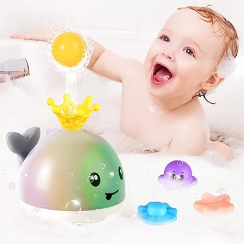 Gigilli Light Up Whale Bath Toys Sprinkler with 4 Water Spray Patterns, Gray 4 modes