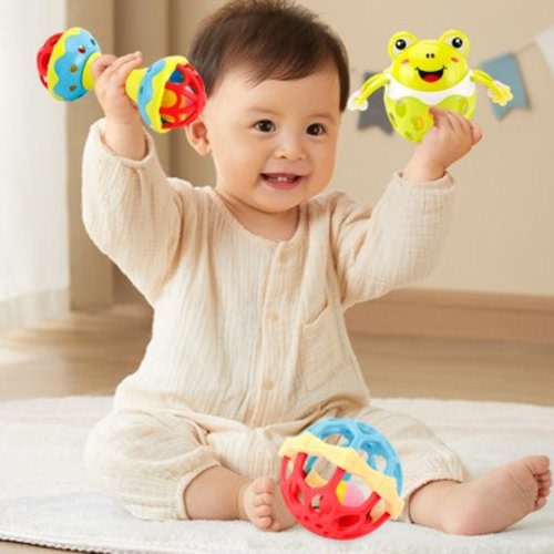 Multi-Sensory Teething Ball with Rattle, BPA-Free, Silicone Baby Animals Grip Balls Shaking Bells Toy for 6-12M, Boilable Sensory Development Sphere Toys