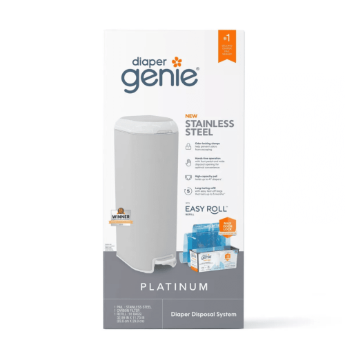 Diaper Genie Platinum Pail,Grey,Stainless Steel, 1 Diaper Pail,1 EasyRoll Refill 18 Bags