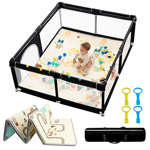 Baby Playpen with Mat 71" X 59", Extra Large Play Yard for Babies and Toddlers with Mat, Safety Baby Fence, Indoor & Outdoor Kids Activity Play Center with Anti-Slip Suckers and Zipper Gate(Black)