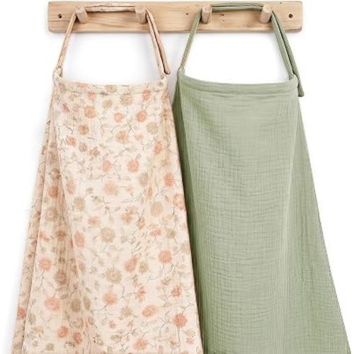 2 Pack Muslin Nursing Cover - Lightweight Breathable Breastfeeding Cover - Soft Stretchy Unisex Nursing Apron Cover for Outdoor Public Breastfeeding Protection - Matcha & Floral