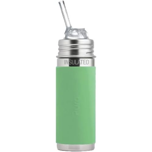 Pura Kiki 9oz/260 ml Stainless Steel Insulated Bottle w/Silicone Straw & Sleeve, 100% Plastic-Free, MadeSafe Certified, 100% Medical-Grade Silicone Straw for Kids, Toddlers, Babies & Infant - New Moss