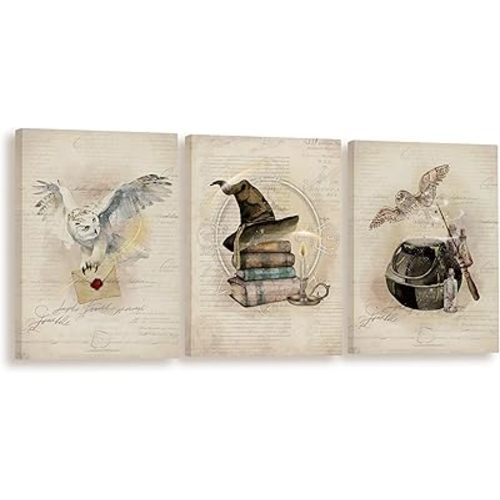 BIWSHA Vintage Wall Decor, Vintage Owl Wall Art Whimsigoth Home Bathroom Bedroom Office Nursery Kitchen Decor,Canvas Wall Art Decorations 11x14 Inches Set Of 3