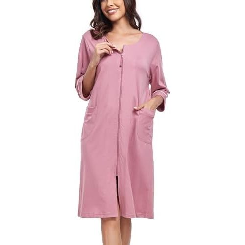 ANLIQI Womens Zipper Robe 100% Cotton Housecoat Lightweight Knee Length Bathrobe 3/4 Sleeve Zip Front House Coat with Pocket
