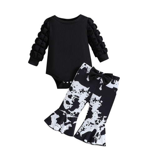 Atogsazn Newborn Girls Winter Clothes Outfit Infant Long Sleeve Ribbed Romper Flare Printed Pants Set with Headband Black 0-3 Months on Clearance