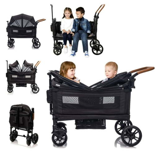 Lightweight Folding Wagon Stroller for 2 Kids, Adjustable Handle, Canopy, Tray Table, Cup Holder