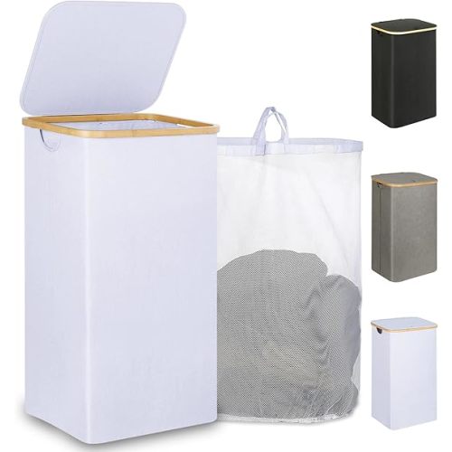 iEGrow 110L Laundry Hamper with Lid，Dirty Clothes Hampers for Laundry,Laundry Basket with Bamboo Handles and Removable Bag,Hamper for Bedroom, Bathroom, Dorm, Laundry Room, White
