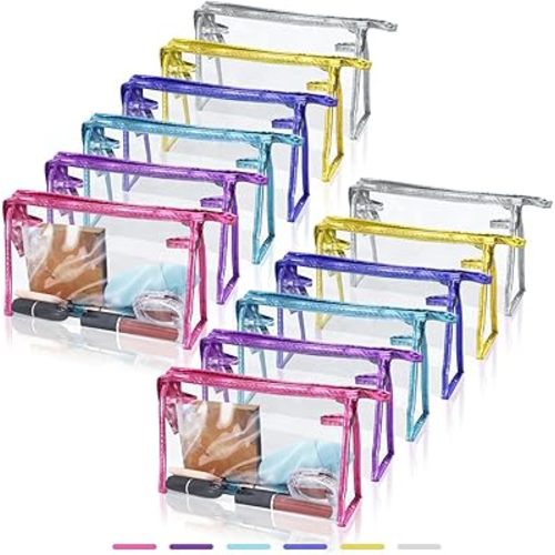 SITAKE 12 Pcs Portable Transparent Cosmetic Bags, Clear Waterproof Makeup Bags with Handle, PVC Travel Toiletry Bags Pouches, Clear Pencil Cases, Stationary Organizers(6 Colors)