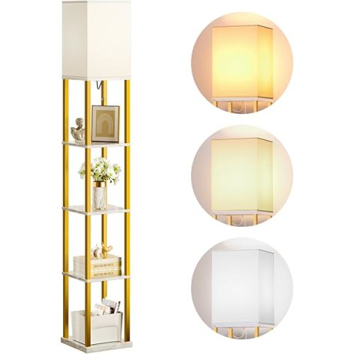addlon Floor Lamp with Shelves, 5-Tier Modern Shelf Floor Lamp with 3CCT LED Bulb, Display Lamp for Living Room, Bedroom and Office - Marble Texture & Gold Frame