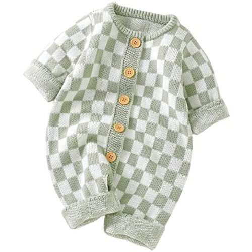 Unisex Baby Girl Boy Knitted Romper Jumpsuit Checkerboard Plaid One Piece Button Down Sweater Playsuit Clothes