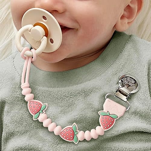 Itzy Ritzy Silicone Pacifier Clip – 100% Food Grade Silicone Pacifier Strap with Clip Keeps Pacifiers, Teethers & Small Toys in Place – Features One-Piece Design & Cord (Strawberry)