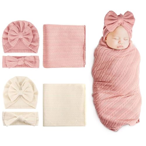 DRESHOW BQUBO Newborn Receiving Blanket Headband Hat Set for Baby, Unisex Baby Boys Girls Essentials, Newborn Registry Must Haves, Stroller Crib Shower Gifts