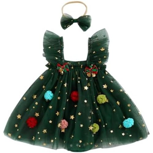 Honganda Fashion Infant Baby Girl Christmas Romper Dress with Headband Star Pompom Balls Layered Tutu Skirt Princess Dress