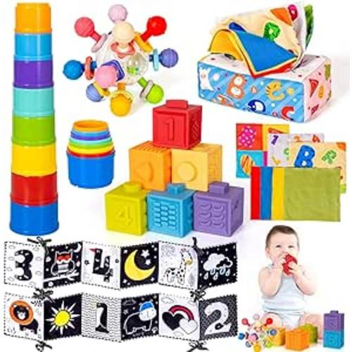 Montessori Toy for Babies 0–6–12 Months 5 in 1 Sensory Infant Toy Stacking Building Blocks Tissue Boxes Soft Baby Book Development Learning Teething Toy for Toddlers 1 2 3 Year Old Girl Boy Gift : Toys & Games