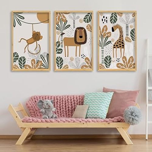 Baby Safari Animals Wall Art 16"x11" Set of 3 Boy Girl's Kids Room Boho Wood Framed Sign Rustic Farmhouse Vintage Nursery Children's Room Cute Wildlife Prints Wall Prints Hang Decor (Wood)
