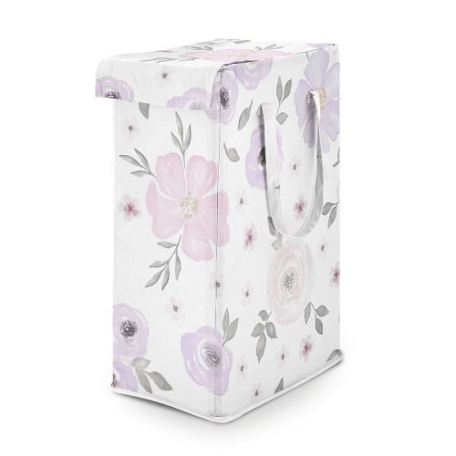 Sweet Jojo Designs Girl Foldable Laundry Hamper With Handles Watercolor Floral Lavender Purple Pink And Grey