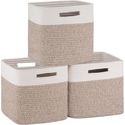 OIAHOMY Cube Storage Basket, 3-Pack Woven Cotton Rope Baskets for Storage, 11-Inch Cube Basket with Handles, Great for Shelves, Closets, Children's Toy Storage and Organization-White & Brown