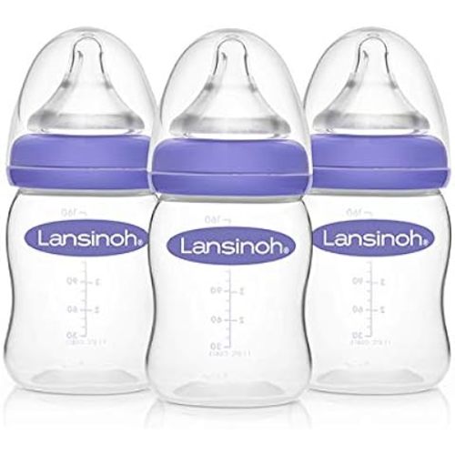 Lansinoh Glass Baby Bottles for Breastfeeding Babies, 8 Ounces, 4 Pack, Includes 4 Medium Flow Nipples (Size 3M)