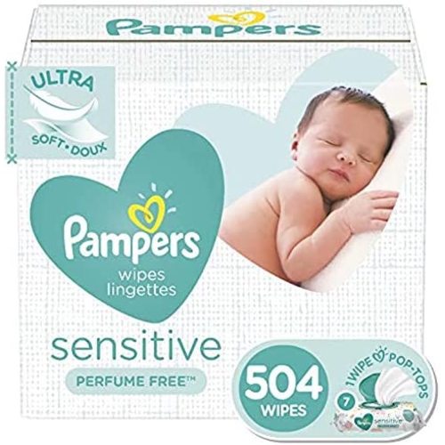 Baby Wipes, Pampers Sensitive Water Based Baby Diaper Wipes, Hypoallergenic and Unscented, 7 Pop-Top Packs, 504 Count Total Wipes (Packaging May Vary)