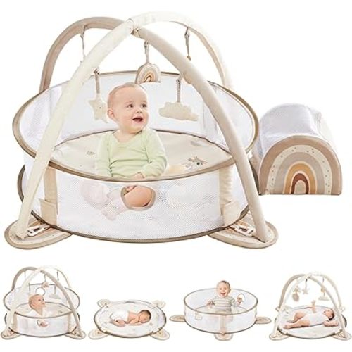 Beright 5-in-1 Baby Gym & Play Mat,Play Gym & Ball Pit with Sensory Toys for Newborn Infant Toddler to Develop Motor&Cognition, Balls Included, Rainbow