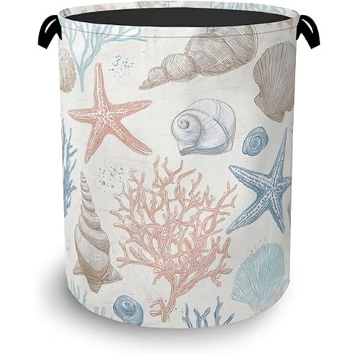Starfish Laundry Hamper,Shell Coral Dirty Clothes Laundry Basket with Handles Waterproof Oxford Cloth Storage Basket for College Dorms Bathroom Bedroom 16" x 20.8"