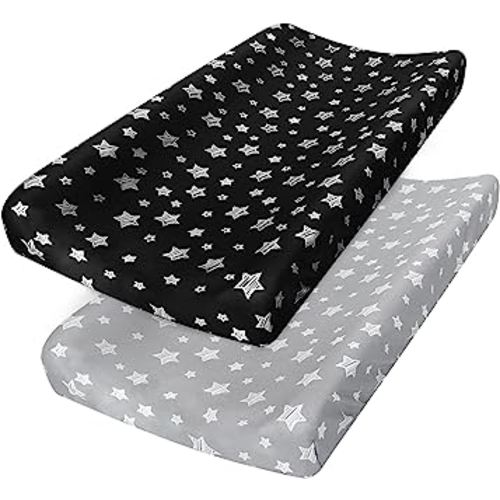Changing Pad Cover for Boys Girls 2 Pack, Lovely Print Soft Unisex Diaper Change Table Sheets, Fit 32"x16" Contoured Pad, Comfy Cozy 2-Pack Cradle Sheets, Grey & Black