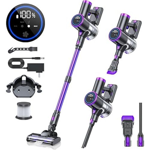 Cordless Vacuum Cleaner, Stick Vacuum with LED Display, 2 Modes 6 in 1 Lightweight Rechargeable Cordless Stick Vacuum with 40Min Detachable Battery Vacuum Cleaner for Home Hard Floor Carpet