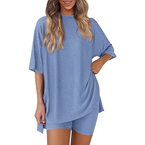 PRETTYGARDEN Women's Two Piece Lounge Set 2025 Summer Casual Oversized Shirts Biker Shorts Matching Airport Travel Outfit
