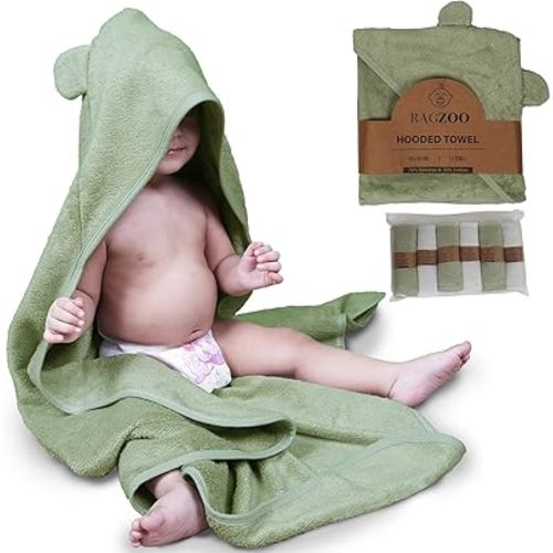 Hooded Bath Towel with 6 Washcloths for Baby, Toddler and Infant - Soft, Large & Absorbent Bath Towel - Sage Green (600GSM, 36 x 36 inch)