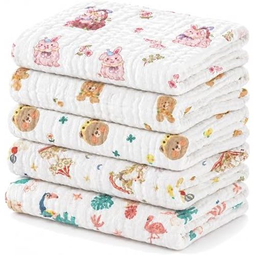 Baby Burp Cloths 5 Pack, 100% Cotton Muslin Burp Cloths for Baby Girl Boy