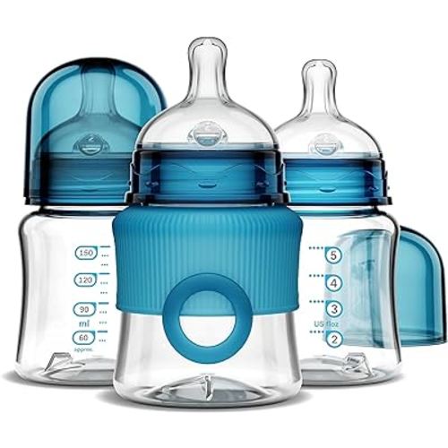 Smilo Baby Bottle Set with Stage 0 Slow Flow Anti Colic Nipple, 5 Oz / 150 ml Capacity, 3X Pack of Anti Colic Baby Bottles 0-3 Months - Aqua Blue