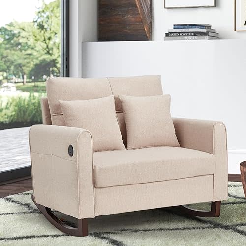HOMREST Upholstered Oversize Rocking Chair, Nursery Rocking Chair with High Back and Side Pocket USB Port, Double Wide Rocker Armchair with Rubber Wood Legs for Living Room, Bedroom, Nursery, Beige