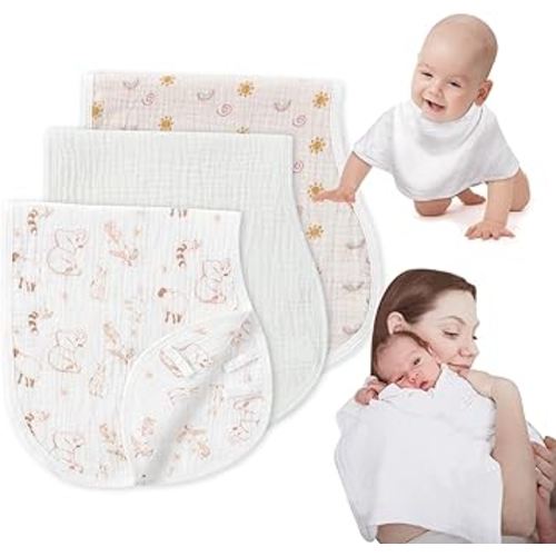 Muslin Burp Cloths with Snaps, Multi-Use Burpy Bib 100% Natural Cotton,Large 22"X11" Extra Absorbent Burping Cloth for Baby Girl & Boy, Safari & Rainbow & White