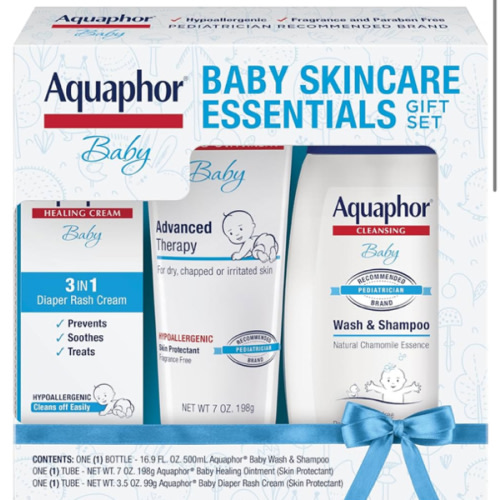 Aquaphor Baby Skin Care Essentials Gift Set with Baby Wash and Shampoo (16.9 Fl Oz) + Healing Ointment for Chapped Skin and Drool Rash (7Oz) + Diaper Rash Cream (3.5Oz), Hypoallergenic