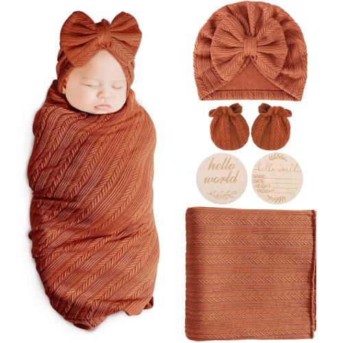 Newborn Receiving Blanket with Bow Hat Mittens Wooden Card Set Wheat-Pattern Newborns Toddler Baby Boy Girl Nursery Swaddle Wrap