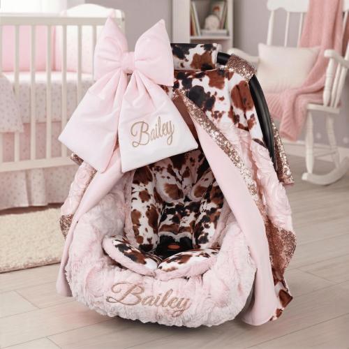 Personalized Brown Cow & Rose Gold Baby Car Seat 6pc Set - Embroidered Bow and Minky Liner - Baby Car Seat Accessories - Head Support Insert