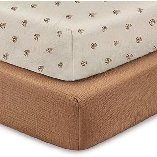 Muslin Crib Sheets 52"x28" - 2 Pack Cotton Fitted Crib Sheets for Boys & Girls - Baby Crib Sheets Neutral Sunset Design, Fits Standard Crib & Toddler Mattress