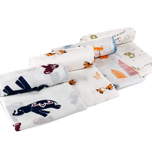 upsimples Baby Swaddle Blanket Unisex Swaddle Wrap Soft Silky Muslin Swaddle Blankets Neutral Receiving Blanket for Boys and Girls, Large 47 x 47 inches, Set of 4-Sika Deer/Elephant/Lion/Fox - Orange White