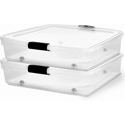 HOMZ 2-Pack Under Bed Storage, Clear Plastic Containers with Lids, 56 Quart, Gray Latch