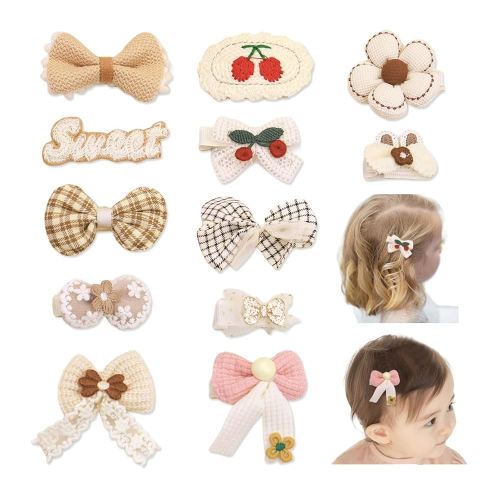 Bethynas 12 pcs Hair Clips for Girls Fabric Flower Hair Clips Fully Lined Hair Bows Barrettes Cute Cotton Floral Hair Accessories for Toddler Infant Kids (Cherry - Ivory)