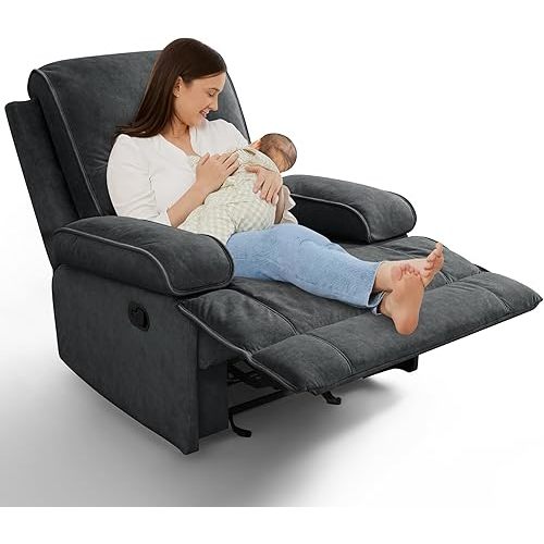 Oversized Nursery Rocker Recliner Chair,Velvet Fabric,Extra Wide Footrest,Manual Rocking Glider Chair for Nursing and Brestfeeding,Dark Grey
