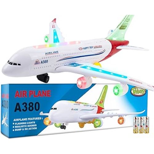 Toysery Airplane Toys for Kids, Bump and Go Action, Toddler Toy Plane with LED Flashing Lights and Sounds. Ideal for Boys & Girls 3-12 Years Old (Airbus A380)