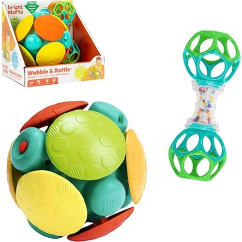 Bright Starts Wobble & Rattle Gift Set​ 2-PK Baby Toys, Rattles & Ball Toys, Crawl & Chase, Cause and Effect Learning, Unisex, 3-6 Months and Up