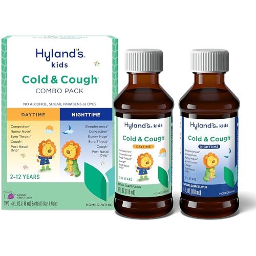 Hyland's Kids Cold and Cough, Day and Night Combo Pack, Cold Medicine for Ages 2 and up, Grape Flavor Syrup Cough Medicine for Kids, Nasal Decongestant, 4 Fl Oz (Pack of 2)